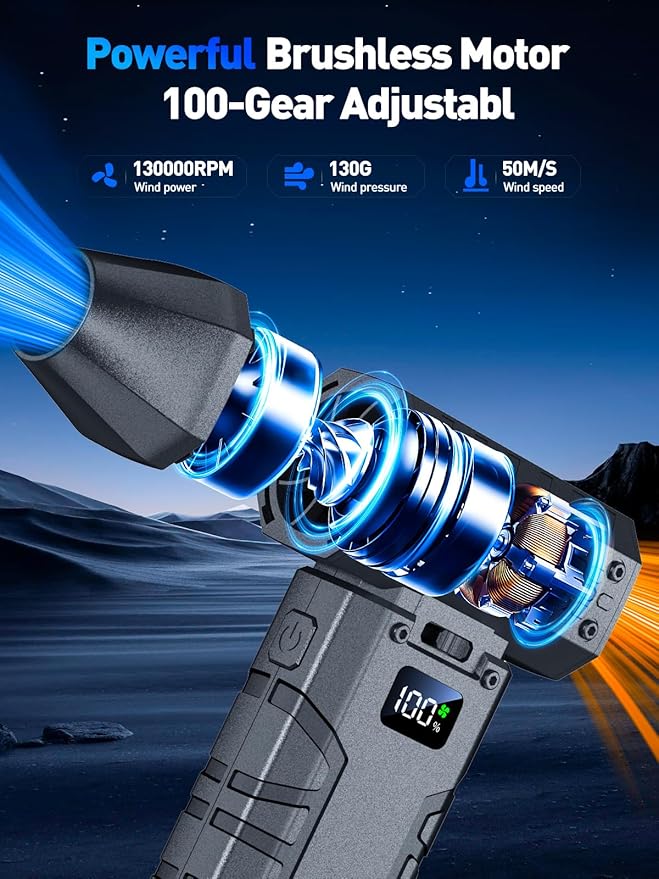 Compressed Air Duster 130000RPM Electric Duster with LED Light, 100 Gear Adjustable Rechargeable Cordless Air Blower Cleaning Tool for Keyboard,Electronic Devices,Car (Grey)