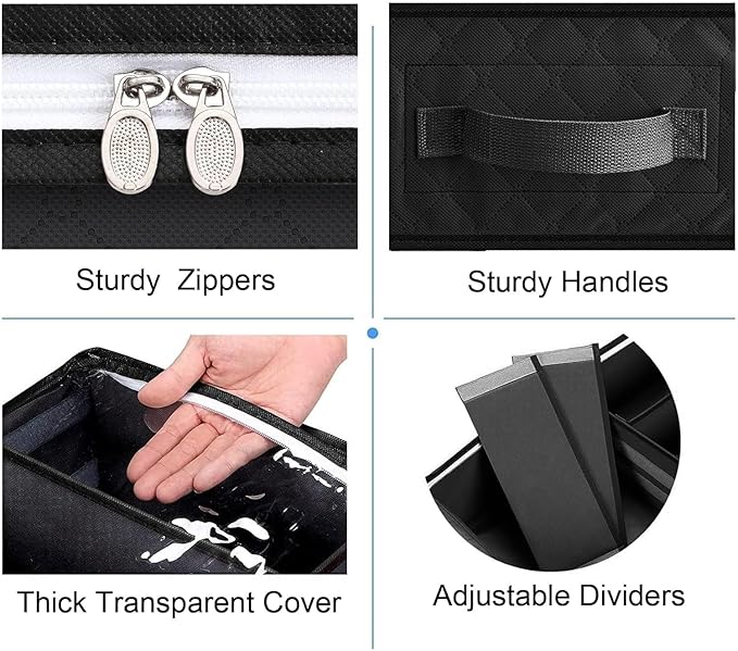 Under Bed Shoe Storage Organizer, Set of 2, Sturdy Structure, Adjustable Dividers, Reinforced Handle, Sturdy Zipper, Underbed Storage Solution with Clear Window, Breathable, Black