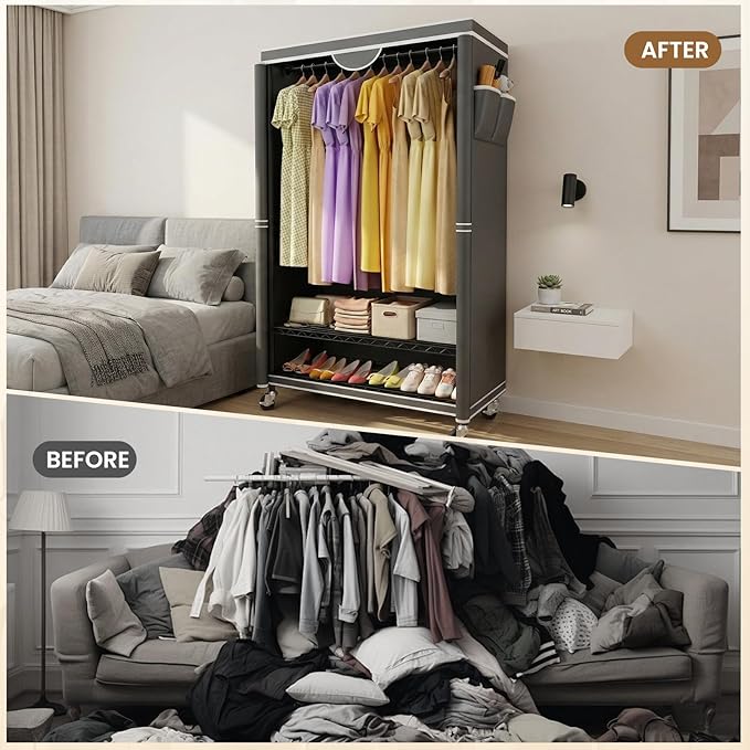 Clothes Rack With Cover, Heavy Duty Clothing Rack for Hanging Clothes, Rolling Garment Rack with Lockable Wheels, Metal Clothing Rack, Portable Closet 35.4"W x 17.1"D x 71.8"H, Hold 425 lbs, Black