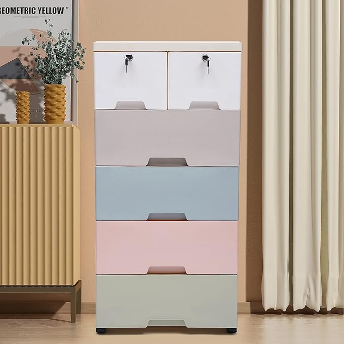 5 Layers Bookshelf, Multi-Layer Assembled Baby Wardrobe Storage Cabinet, Cube Organizer Bookcase Cabinet Storage Shelf Rack with 6 Drawers & 5 Wheels, White, Gray, Blue, Pink, Green