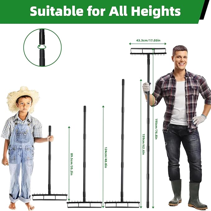 76.8" Garden Hoe and 12 Tines Rake 2-in-1 Garden Tool for Weeding, Garden Cultivator with Adjustable Long Handle Heavy Duty Weed Puller Stirrup Hoe for Ditching, Seeding, Loosening Soil