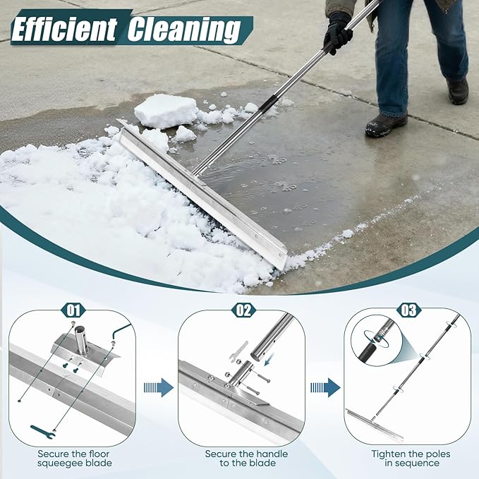 Heavy-Duty 33.4" Floor Squeegee for Concrete, Industrial Silicone Blade Squeegee for Floor with 63" Stainless Handle, Anti-Splash Curved Baffle Design for Garage, Factory, Warehouse
