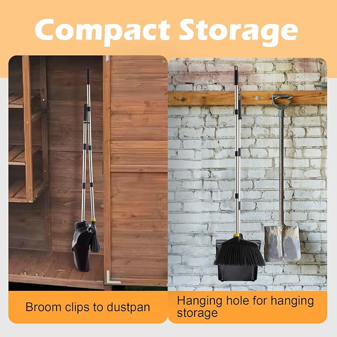 Outdoor Broom and Dustpan Set with Long Handle, Heavy Duty Upright Standing Dust Pan with Windbreak Cover and Broom Combo for Sweeping Indoor Outdoor Commercial Use