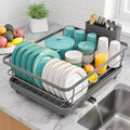 Sakugi Stainless Steel Dish Drying Rack for Kitchen Counter, Sink Organization and Storage Essentials with Silverware & Utensil Holder, Home and Apartment Decor, 12''W x 15.6''L, Gray