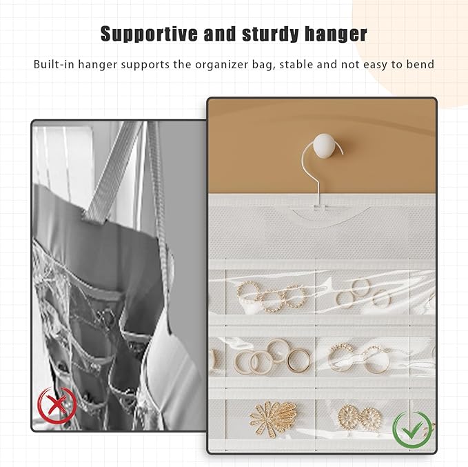 1 Pack Hanging Jewelry Organizer 80-Pocket Dual-sided Jewelry Storage for Earring Necklace Bracelet Ring Travel Holder, White