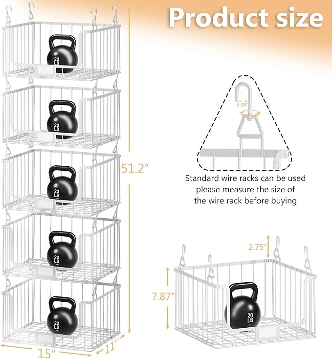 5-Tier Hanging Laundry Room Organizer with Label Cards,Foldable Wire Shelf Basket with 4 Rotating Hooks,Stacked Laundry Basket Organizer,Storage Rack for Laundry Rooms,Closet and Pantry-White