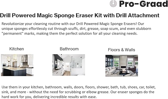 4.5" Drill Powered Magic Sponge Eraser & Scouring Pad 6 Pieces Kit With Drill Attachment | Ultra Durable Pads for Deep Cleaning Bathroom Kitchen Floors Walls Baseboards Crayon Marker & More