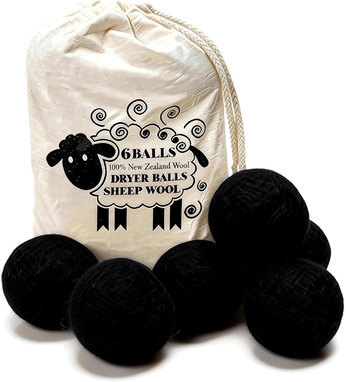 Wool Dryer Balls, New Zealand Dryer Balls Drying Balls Fabric Softener Ball for Laundry（Pack of 6) (Black)