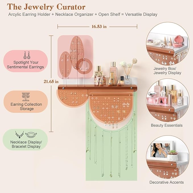 Keebofly Leaf-Shaped Wall Mounted Jewelry Organizer - Acrylic Earring Organizer with Shelf for 444 Earrings, Sturdy Jewelry Tower for Earring, Necklace, Bracelet, Gifts for Women & Girls