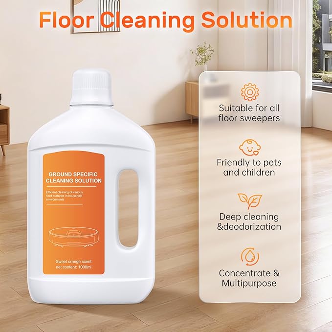 Orange Floor Cleaning Solution 1L Compatible with Dreame Wet & Dry Vacuum and Robot， Residue & Streak Free,Suitable for All Robot Vacuum Cleaners and Wireless Wet Dry Dual-Use Vacuum Cleaners