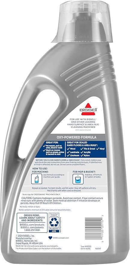 Bissell CrossWave PET PRO OXY Multi-Surface Formula, 4019G, 80 oz, Removes Stuck-On Stains like Dirt, Grease, and Grime from Sealed Hard Floors and Grout, Patented Odor Elimation Technology