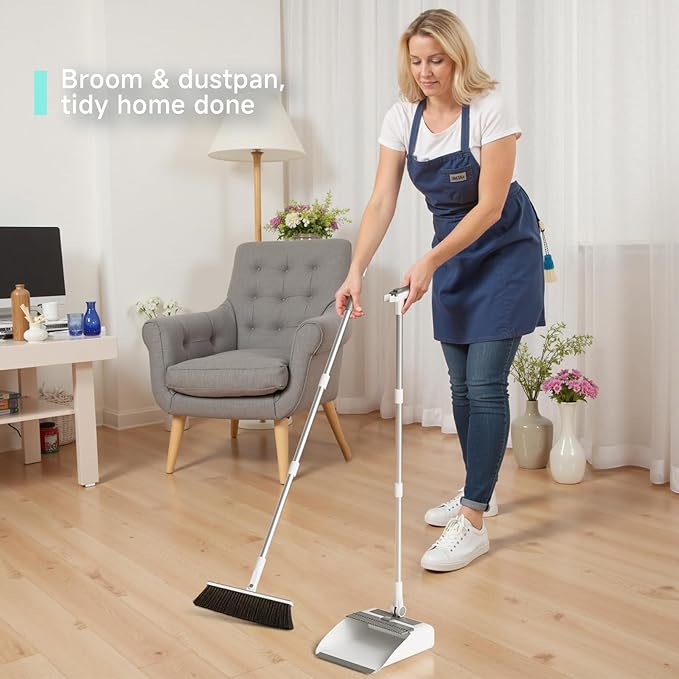 Broom And Dustpan Combo Set, Dust Pan with 3-In-1 Reusable Lint Roller Design 180° Brooms with Self-Cleaning Teeth for Floor Bathroom Kitchen Shower Tile Pet Hair Carpet Couch with 1 Extra Lint Roller