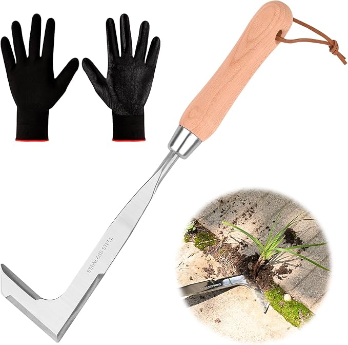 3-Sided Crevice Weeder - 12.6" Stainless Steel Garden Weeding Tool with Beech Handle, L-Shaped Crevice Weeder Sickle for Garden Lawn, Yard Patio Terrace, Paving Gaps
