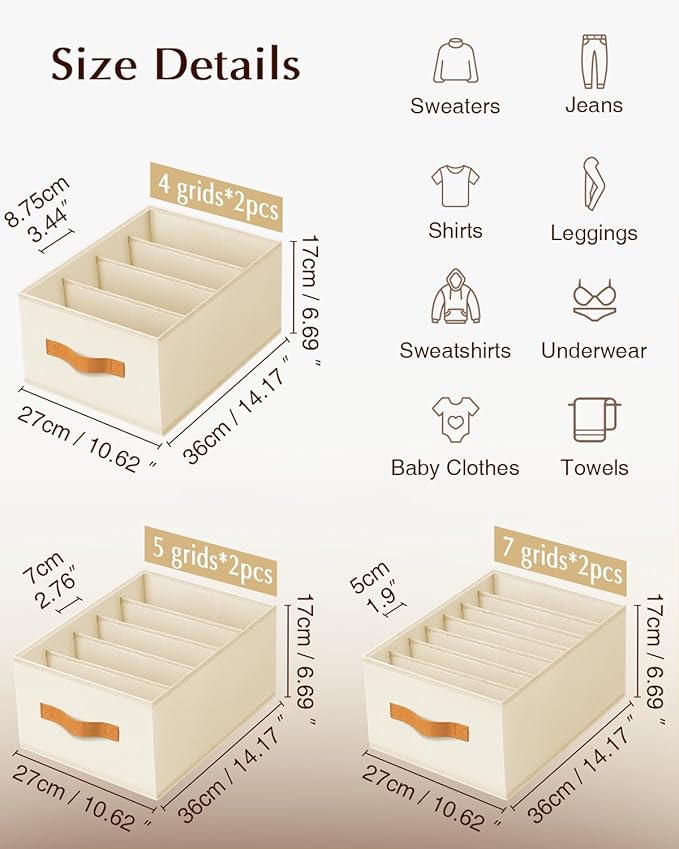 Homsorout Clothes Organizers and Storage - 4/5/7 Grids Fabric Jeans Organizer with Handles, Foldable Closet Organizers Dividers, Wardrobe organizer for Pant, Sweater, T-shirt, Scarf, 6 Pack, Beige
