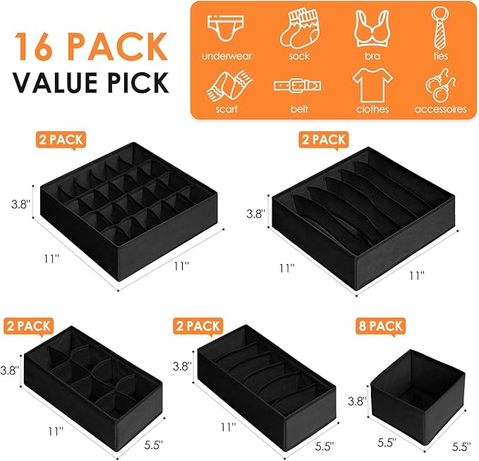 Criusia Drawer Organizer Clothes, 16 Pack Dresser Organizer Bins for Baby Clothes, Underwear Sock, Fabric Closet Organization and Storage Dividers for Nursery Bedroom (96 Compartments, Black)