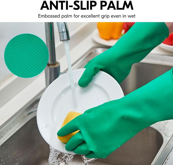 Vgo... 3-Pairs Reusable Household Gloves, Rubber Dishwashing gloves, Extra Thickness, Long Sleeves, Kitchen Cleaning, Working, Painting, Gardening, Pet Care (Size L, Green, HH4601)
