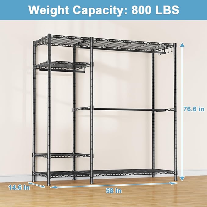 Ulif F7 Garment Rack, Heavy Duty Clothes Rack, Clothing Racks for Hanging Clothes, 6-Tiers Freestanding Portable Closet Storage Rack 58'' W × 14.6'' D × 76.6'' H, Max Load 800 Lbs, Black