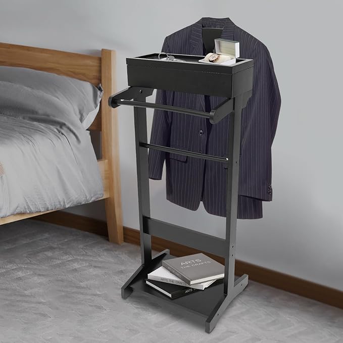 Clothing Rack, Wood Suit Clothes Stand with Drawer, Practical Freestanding Clothes Stand with Top Tray for Men, Women,Organizes Ties, Belts, Shoes, 22Ibs Capacity, Modern Black