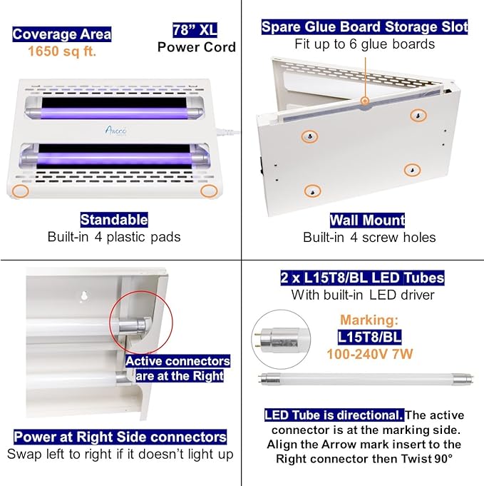 Awoco 11W 100V-240V LED Wall Mount or Table Standing Sticky Fly Trap Lamp for Capturing Flies, Mosquitoes, Moths and Flying Insects (Fly Trap + 6 Glue Boards)