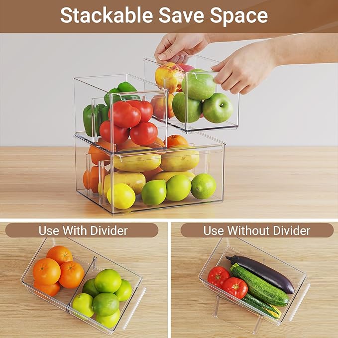 Clear Plastic Storage Bins with Dividers for Kitchen Pantry Organization, 6 Pack Large Thicken Stackable Storage Drawer Boxes for Refrigerator Cabinets Vanity Organizers and Storage, C6-4