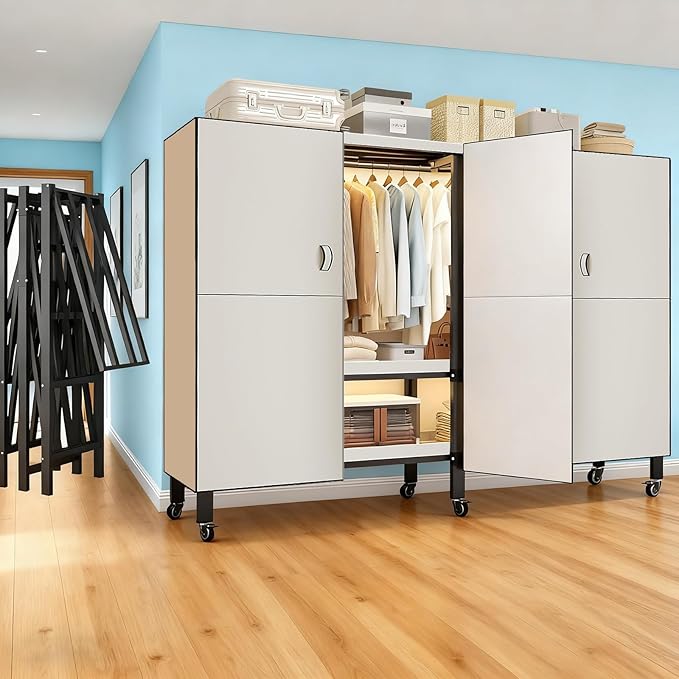 Foldable Portable Armoire Wardrobe Closet for Hanging Clothes Rack, Heavy Duty Covered Clothes Rack with Cover(HARDBOARD Magnetic), Closet Garment Rack for Bedroom Storage (KT Off-white, 74.8in)