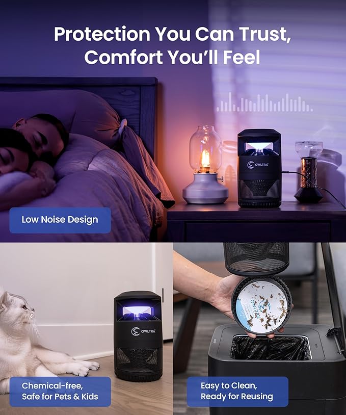 OWLTRA IMT-L60 Indoor Electric Insect Trap, Catcher & Killer Lamp for Fruit Flies, Mosquitos, Moths, Gnats, and More with UV Light Attraction and Fan Suction, Black