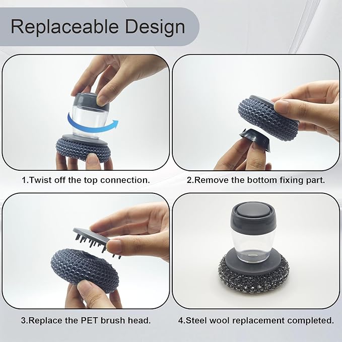Dish Scrubber with Soap Dispenser, Steel Wool Scrubber with Replaceable Steel Wool, Transparent Cleaning Solution Reservoir, Cast Iron Cleaning Kit with Cast Iron Scraper for Cleaning Pans, Grills