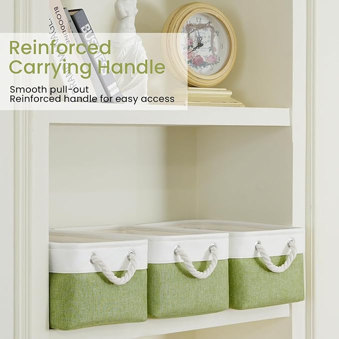 Storage Baskets for Shelves 13.8x9.8x6.7 Inch-Foldable Fabric Organizing Storage Bins with Handles, Closet & Bathroom Organizer, Home Storage for Kitchen, Office (6-Pack, White&Green )