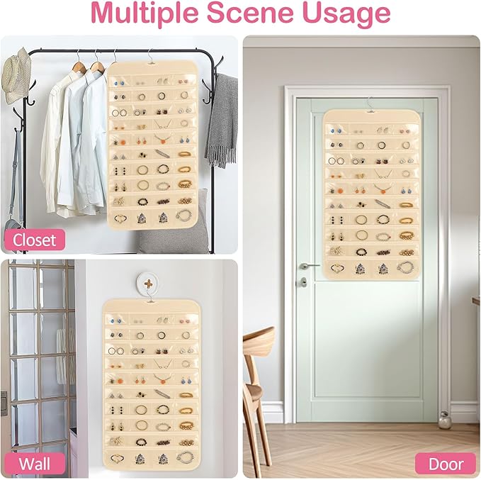 2 Pack Hanging Jewelry Organizer, 80 Clear Pockets earring organizer and storage, Accessories holder organizer for Closet, Jewelries, Necklace, Travel