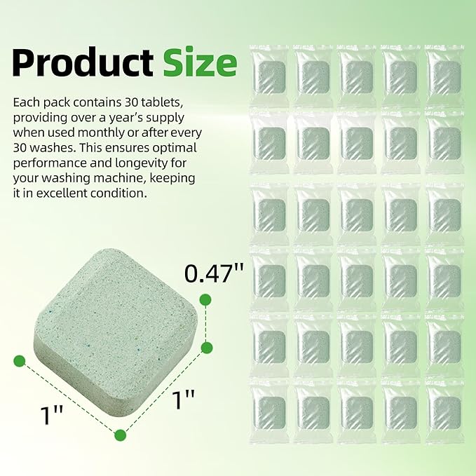 Calvana (30-Pack) Washing Machine Cleaning Tablets, Formulated for Pet Owners, Washer Cleaner, for Front-Loaders, Top-Loaders, HE Machines, Easily Removes Residue, Septic Safe, Over a 12-Month Supply