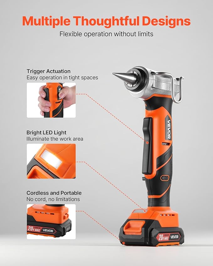 VEVOR Cordless Tube Expander, 20V Max Electric Tubing Expansion Tool for 1/2", 3/4", 1" PEX-A Pipes, 22000RPM Pipe Expander with 3 Expanding Head, 2pcs 2AH Battery, Fast Charger & Carrying Case