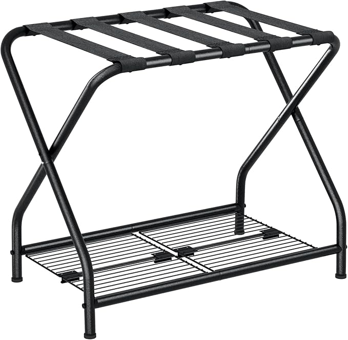 1-Piece Foldable Black Luggage Rack Stand with Storage Shelf – Heavy Duty Metal Suitcase Holder, 150 lbs Top, 50 lbs Bottom, Fits 20”-28” Luggage – Guest Room, Bedroom, Hotel LR-BK-1