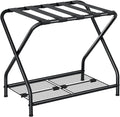 1-Piece Foldable Black Luggage Rack Stand with Storage Shelf – Heavy Duty Metal Suitcase Holder, 150 lbs Top, 50 lbs Bottom, Fits 20”-28” Luggage – Guest Room, Bedroom, Hotel LR-BK-1