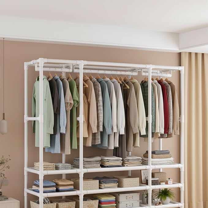 Portable Closet,Portable Closets for Hanging Clothes,Japanese Style Wardrobe Clothing Rack with 3 Drawers,1 Hanging Rods and 2 Storage Shelves,43.3" L x 17.7" W x 65.1" H,White