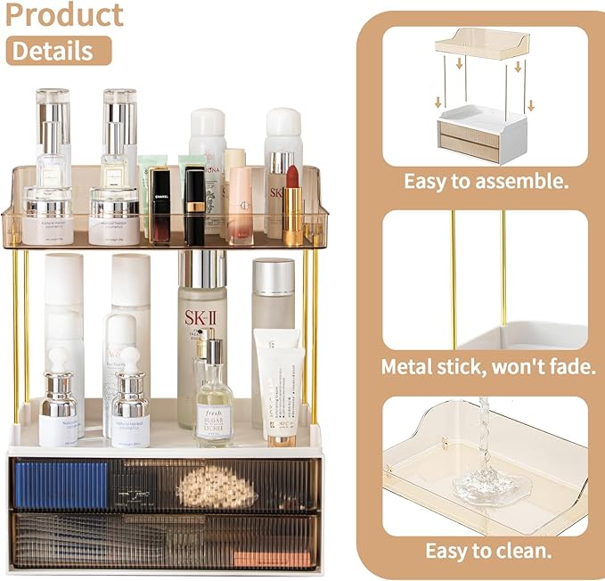 Shuang Qing 2-Tier 2-Drawer Bathroom Countertop Organizer - Multi-Purpose Makeup Storage Rack for Vanity, Cosmetic Counter Organizer (Gold)