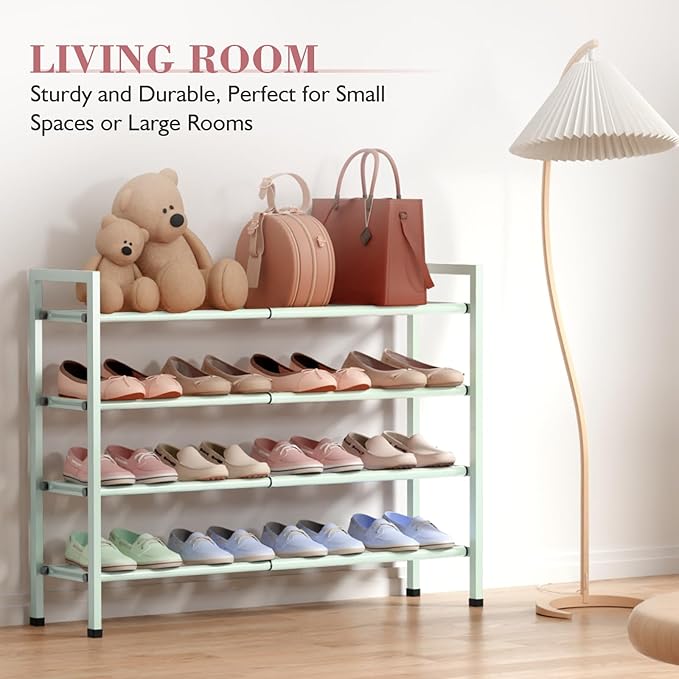 Bumusty 4-Tier Expandable Shoe Rack for Closet, 18“-33” Adjustable Shoe Rack for Small Space, Small Shoe Organizer for Front Door, Sturdy Metal, Green
