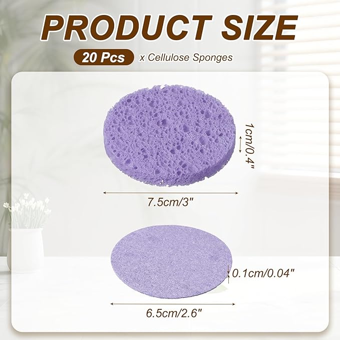 uxcell 20Pcs Cellulose Sponges, Round Kitchen Clean Sponges Non-Scratch Compressed Dish Scrubber for Kitchen Household Cookware Bathroom Cleaning & DIY, Purple