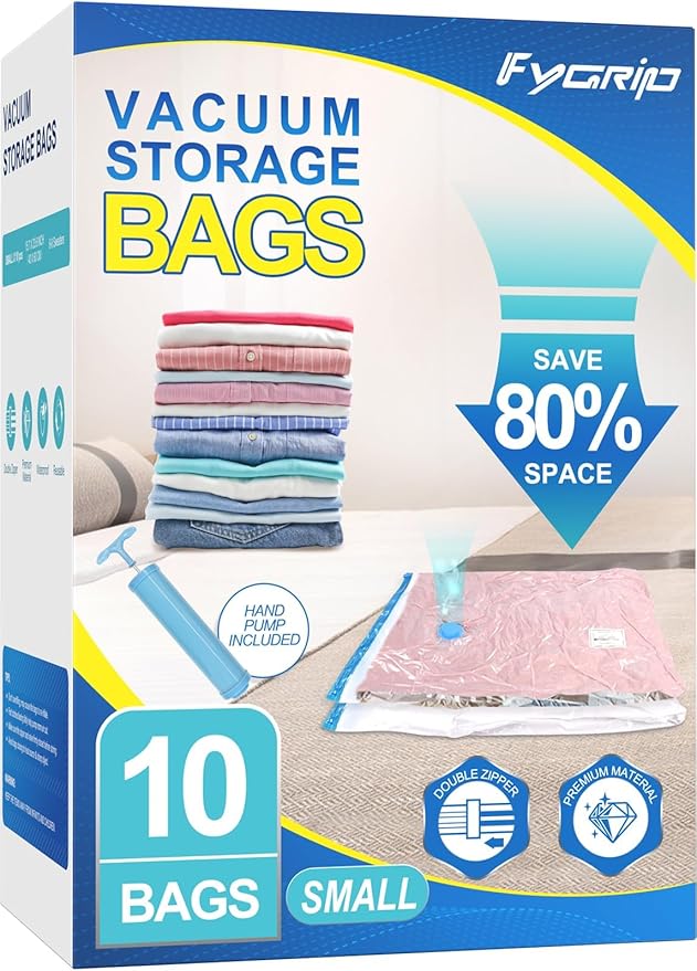 Fygrip Vacuum Storage Bags with Hand Pump, Plastic Packaging Bags, 80% Space Saver Vacuum Seal Bags for Clothing, Travel Lugggage, Blankets, Comforters, 10 Small