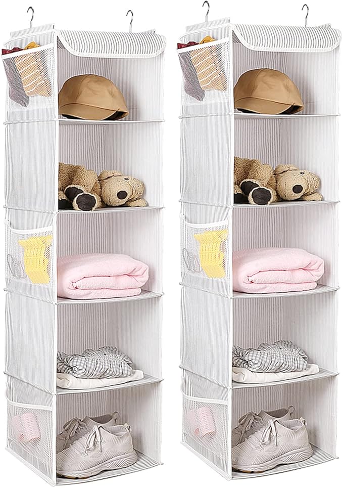 BrilliantJo 5 Shelves Hanging Closet Organizer, 2 Pack Hanging Storage with 6 Side Pockets for Clothes Shoes, 43"x12"x12"(Strip)