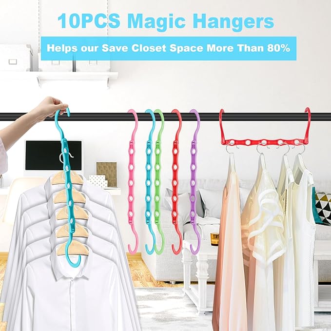 DUCOO Space Saving Hangers 10 Pack, Heavy Duty Magic Cascading Hanger Organizer with 5 Enclosed Anti-Slip Holes, Closet Organizers and Storage for Clothes, College Dorm Room Essentials, Multicolor