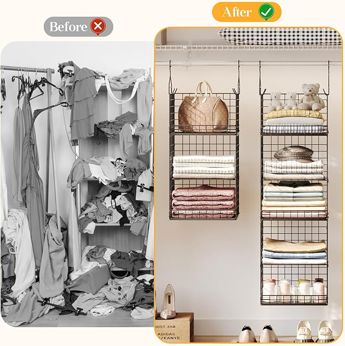 Yuyetuyo 5 Tier Closet Hanging Organizer and Storage Separable Hanging Closet Shelves with 4 Hooks 2 Adjustable Dividers, Wire Storage Basket Bins for Clothing Sweaters Socks Dolls Handbags, Foldable
