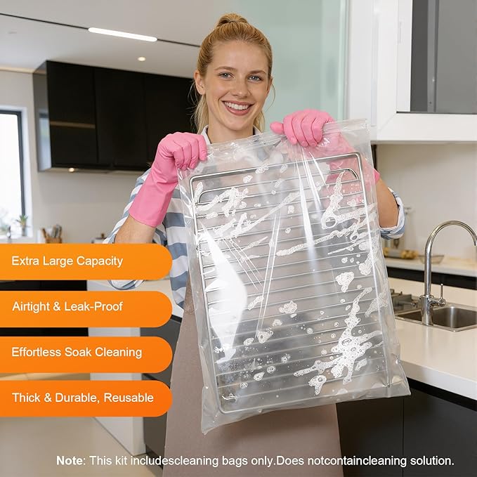 6 Pack Oven Rack Cleaning Bags(No Cleaner Included), Heavy Duty Reusable Leak-Resistant PE Bags for Deep Soaking Grill Grates and BBQ Racks(three 19.6 * 27.5 inch and three 15.7-23.7inch)