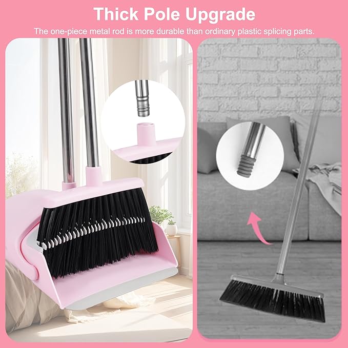 Broom and Dustpan Set House Brooms for Sweeping Indoor Collapsible Broom and Dust Pan Combo for Home Office Kitchen Lobby Floor Pet Hair (Pink)