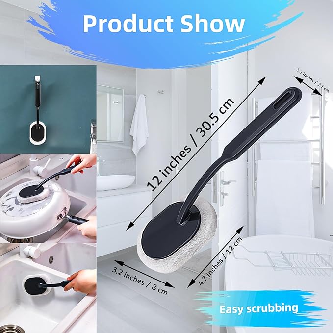 Long Handle Sponge Scrub Bathroom Brush, Sponge Cleaning Brush with Handle Large Wall Scrubber Shower Long Handle Brushes for Tableware, Kitchen, Toilet, Bathroom Cleaning Tool Accessories Black