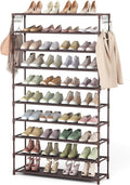 LANTEFUL 10 Tiers Shoe Rack 50 Pairs Large Capacity Tall Shoe Organizer Sturdy Shoe Storage with Two Hooks Space Saving Metal Wide Shoe Rack for Closet, Entryway, Bedroom, Brown