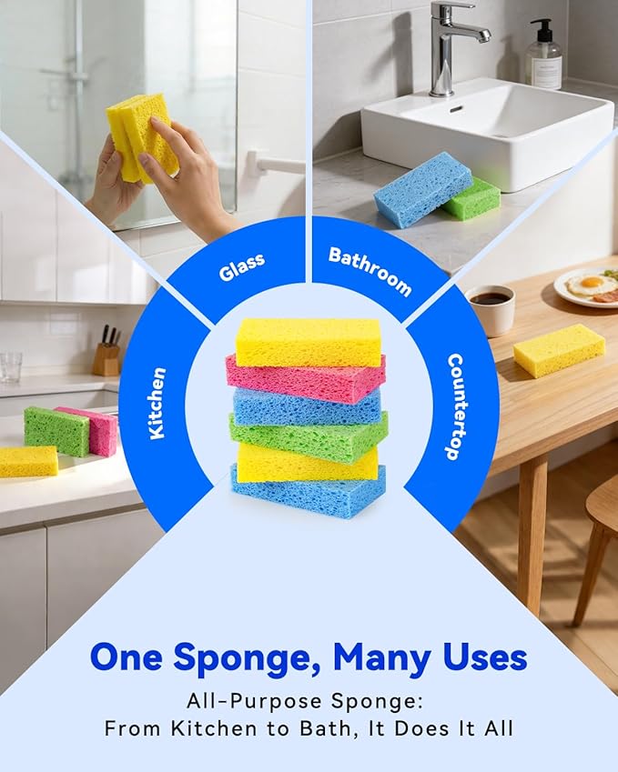 Temede Cellulose Sponges,Heavy Duty Scrub Sponges,Non-Scratch Kitchen Sponges for Dish,Colorful Compressed Dish Scrubber Sponge for Household,Cookware,Bathroom,6pcs