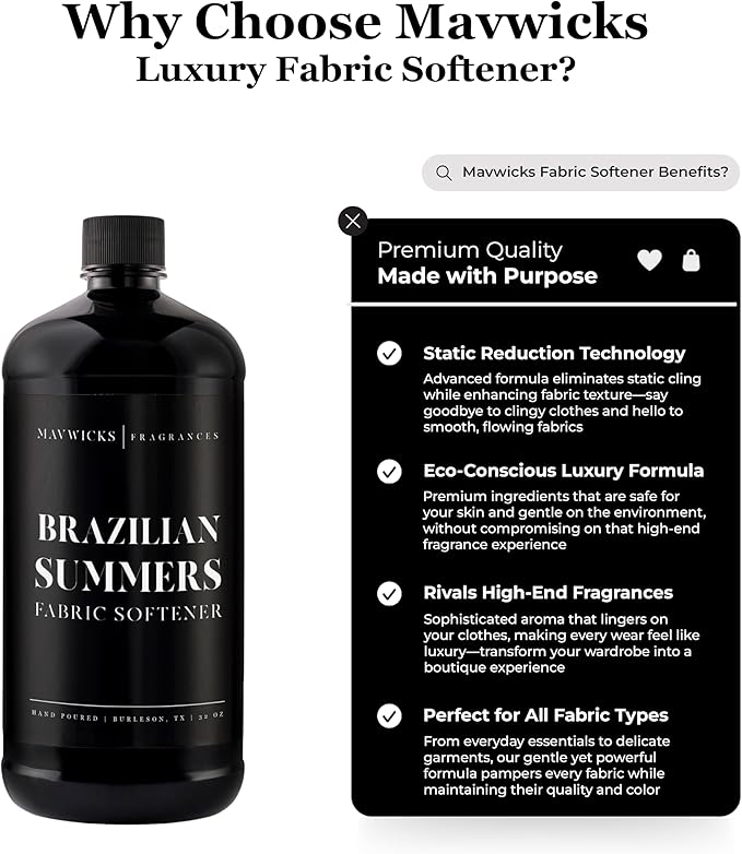 Mavwicks Fragrances - Luxury Scented Liquid Fabric Softener (Brazilian Summers) 32 Oz – Crafted with Clean Ingredients – Reduces Static, and Softens Clothes – Safe for All Fabrics and Skin