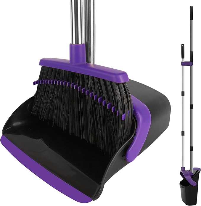 Broom and Dustpan Set, Large Household Dustpans and Broom with 55 Inch Long Handle, Pueple Broom with Dustpan Combo Set for Home