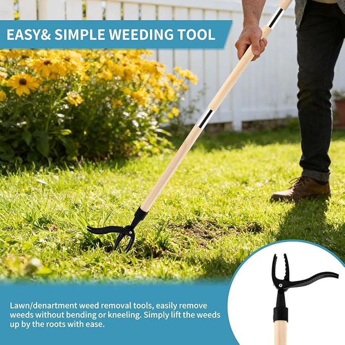 Weed Puller Tool, Stand Up Heavy Duty Weed Remover Tool with Long Handle 46-inch & 4-Claw Steel Head, Gardening Hand Weeding Tool for Lawn Without Bending, Pulling, or Kneeling