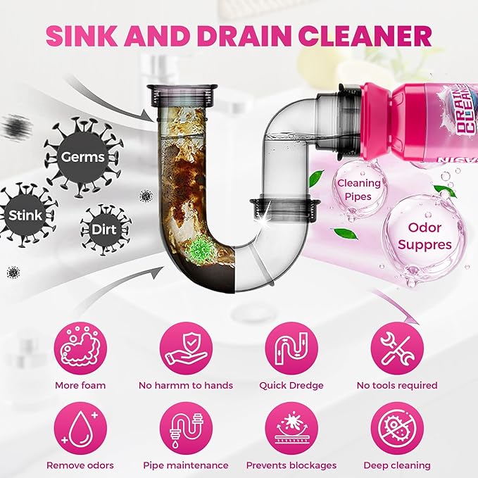 Foaming Drain Cleaner, Powerful Sink Drain Cleaner Foam That Clears Hair & Eliminates Odors, Fast Clog Removal, Safe Sink Cleaner and Deodorizer for Kitchen Sinks Bathroom Drains Tubs Showers (2Pcs)